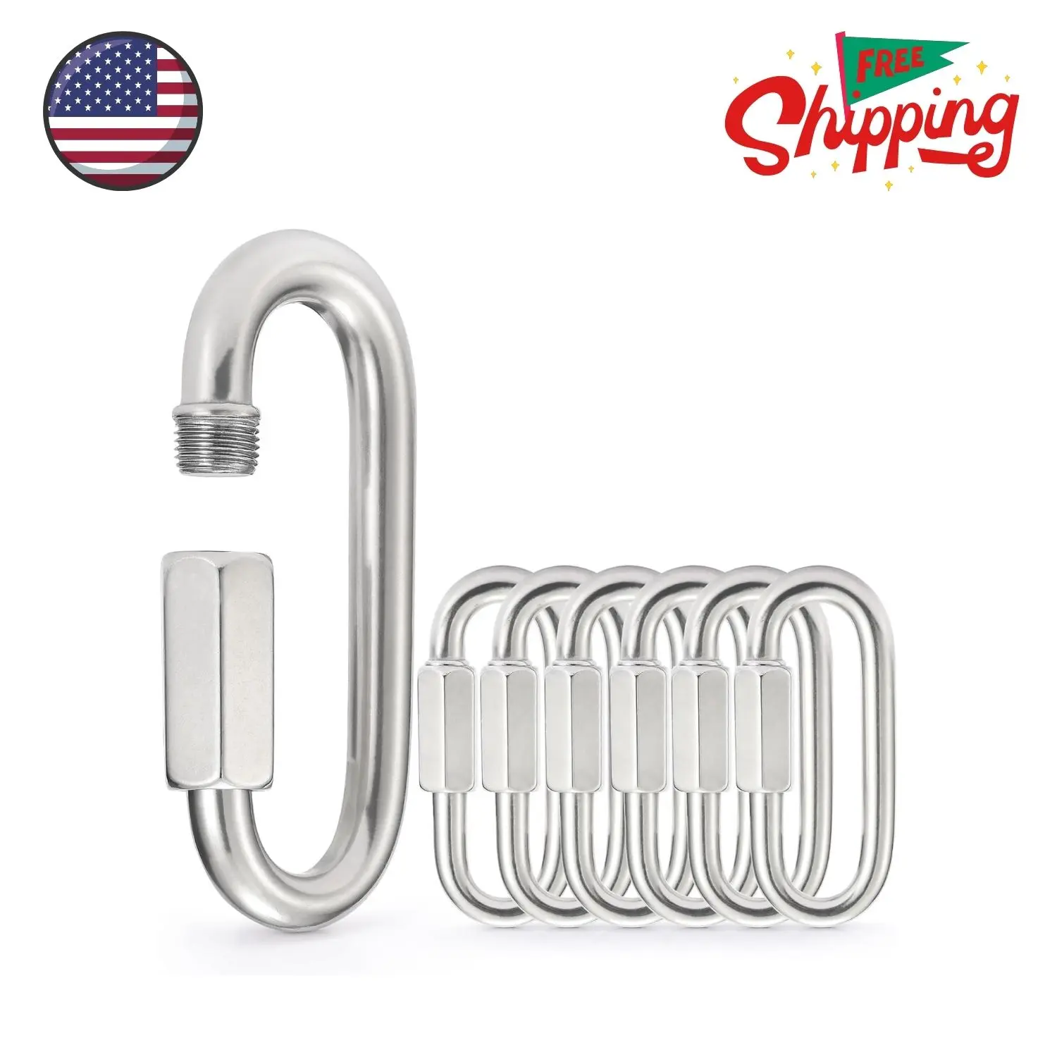 Stainless Steel Chain Quick Links, Screw Carabiner, Chain Hooks, Set of 6