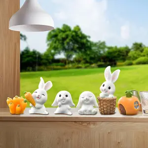 7 Pcs Mini Resin Easter Bunny Ornament Set - Cute Bunny Charms & Easter Charms, Easter Village Set Micro Landscape Decor (with Carrot & Pumpkin House), Mini Resin Bunnies for Home Kitchen Decor