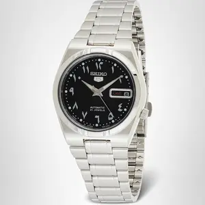 SEIKO 5 Men's Automatic Movement Round Watch - Black Arabic Dial, Luminous, Stainless Steel Metal Case, Fashion Wrist Watch