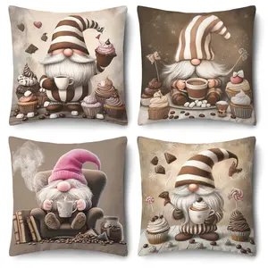 4pcs Striped Hat Coffee Gnome Pillow Covers, for Living Room, Office and Home Decor - Holiday Sofa Decoration, Perfect for Home Decor, Couch, Bedroom or Car, Single-sided Printing, Bedroom Decorative Accessories, Without Pillow Core