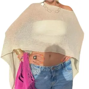 Women Knit Cover-up Poncho, See-through Solid Irregular Loose Pullover Asymmetrical Off-Shoulder Cropped Shawl, Lightweight Loose-Fit Cover Up for Beach & Daily Wear