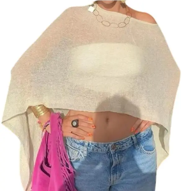 Women's CR Elastane One-Size Beach Cover-Up - Asymmetrical Off-Shoulder Knit, Irregular Cut Cropped Shawl, Lightweight Comfy Casual Pullover for Beach, Daily Wear