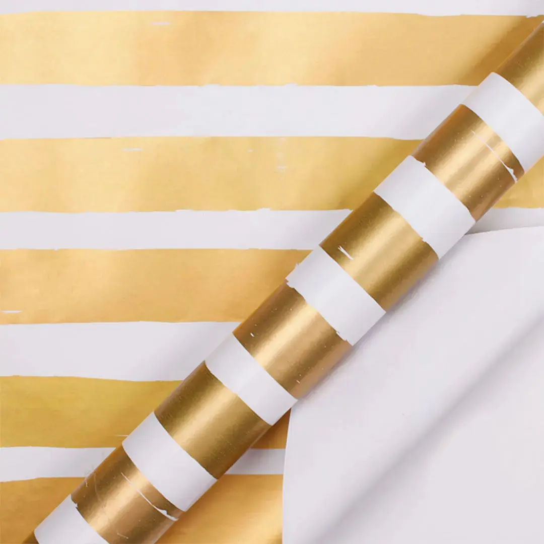 Gift Wrapping Paper, 30" x 10' Size, White-Gold Striped Design for Office & Gift Packaging