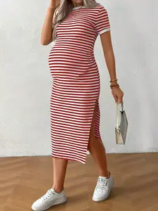 JOYCEE Maternity Striped Minimalist Casual Short Sleeve Dress