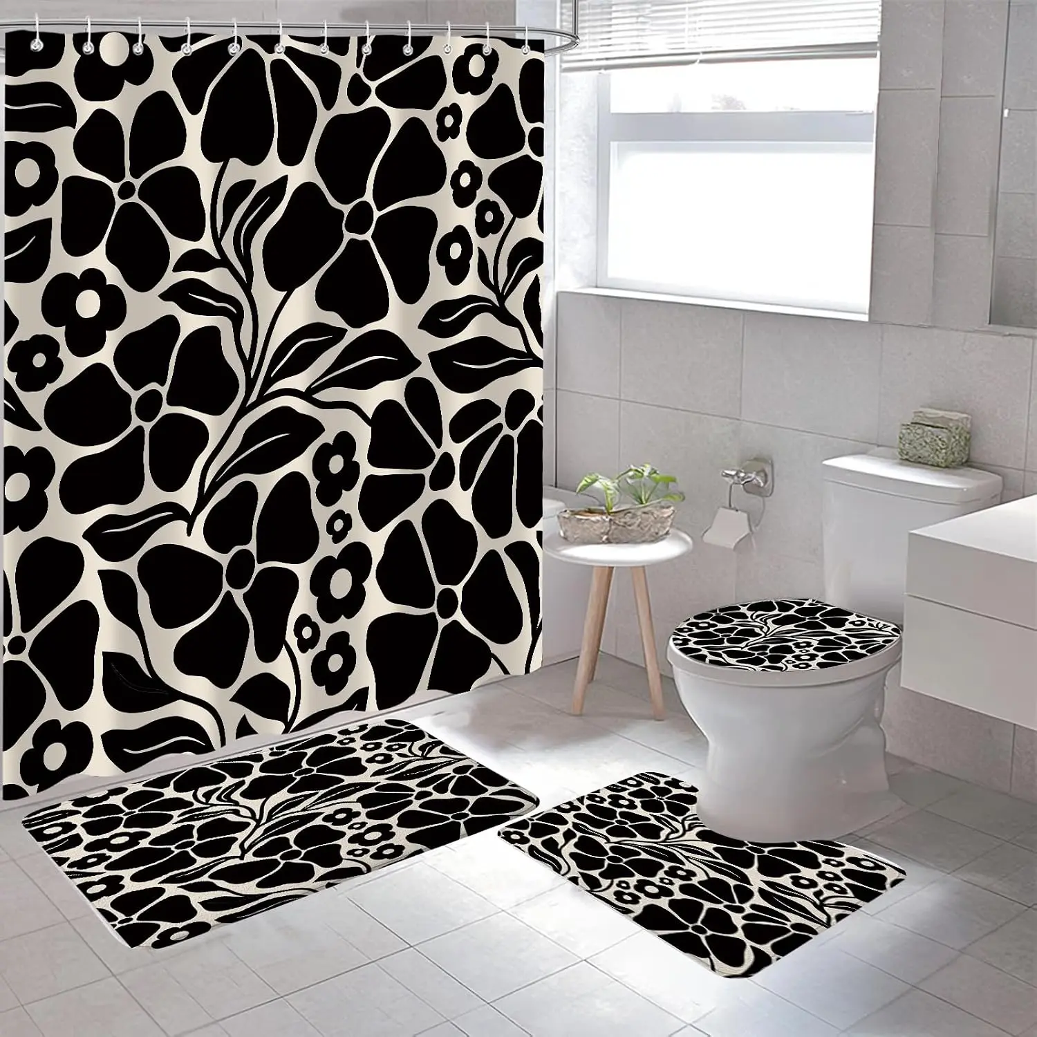 J9 4PCS Boho Floral Camo Deer Farmhouse Shower Curtain Set - Waterproof 72"x72" Bathroom Accessories with Non-Slip Rug, Toilet Lid Cover, Bath Mat & 12 Hooks, Vintage Abstract Black Flower Home Decor