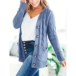 Cozy Cable Knit Cardigan with Button Front - Warm Long Sleeve Casual Style for Autumn & Winter - Womens Fashion Essential Clothing