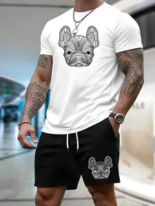 Men's French Bulldog Line Art Print T-shirt & Shorts, Casual Summer Sportswear