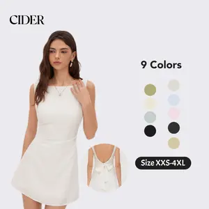 Cider Linen-Blend Boat Neck Knotted Backless Mini Dress – Women's Chic Elegant Summer Vacation Sundress, Solid White A-Line Fit Flare Party Cocktail Dress