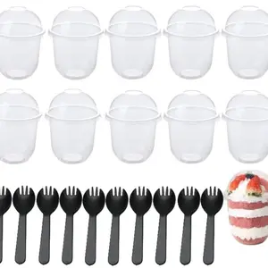 10-Pack Transparent Plastic Cups with Lids and Forks, 12oz, Ideal for Weddings, Thanksgiving, Halloween, Christmas Parties, No Holes