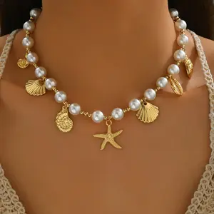 Ocean-Inspired Women's Pearl Necklace — Unique Starfish, Seashell, and Metal Design — Versatile Pendant Chain Accessory