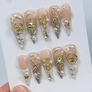 Elegant Pearl French Tip Long Stiletto Press On Nails, Handpainted Fake/False Nail, Christmas Nail Art, Royal Nail Tips