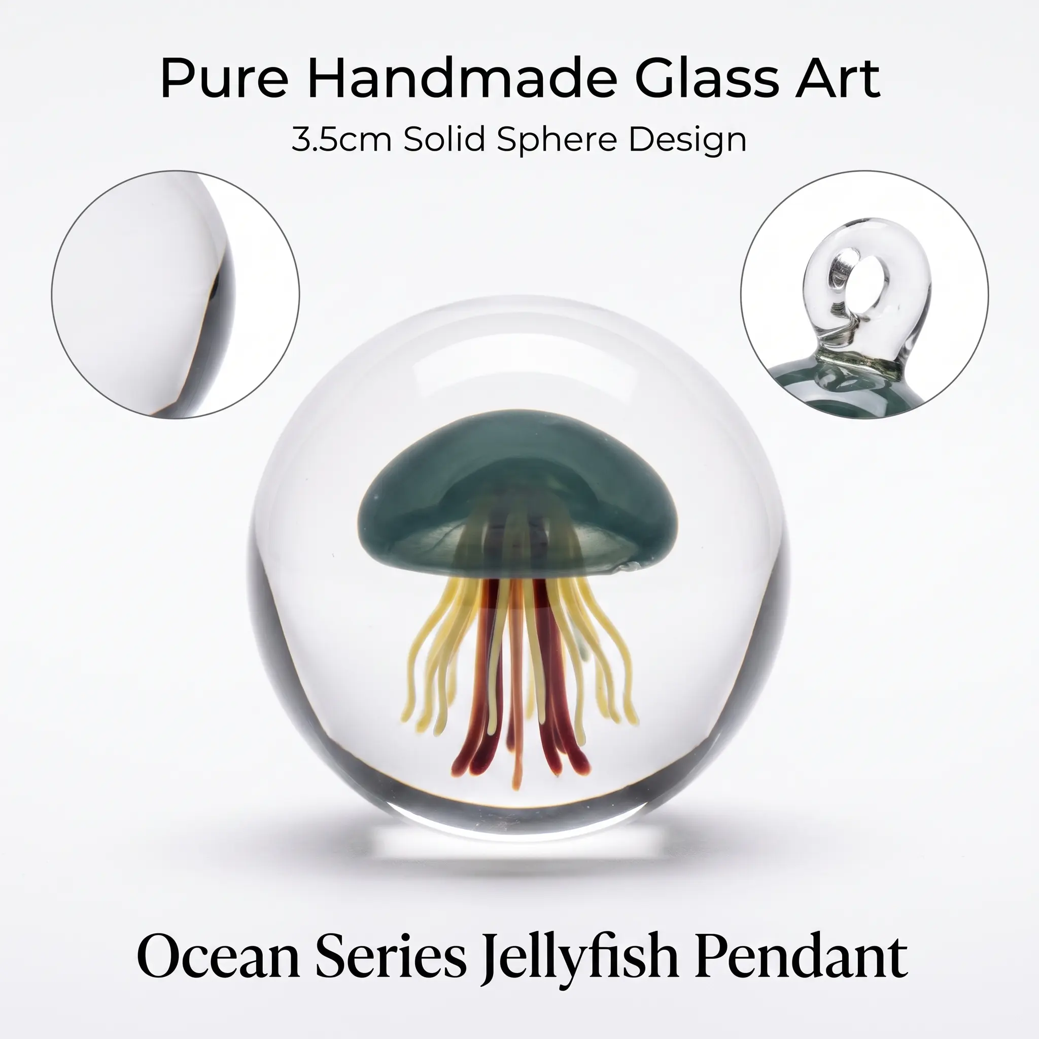 Hand Blown Lampwork Glass Ethereal Healing Jellyfish Orb Pendant Necklace - Handmade Art, 1-of-a-Kind, Unisex, Natural Crystal, Ocean Spiritual Healing Jewelry, Unique Gift for Sea Lovers, Gift Ideas