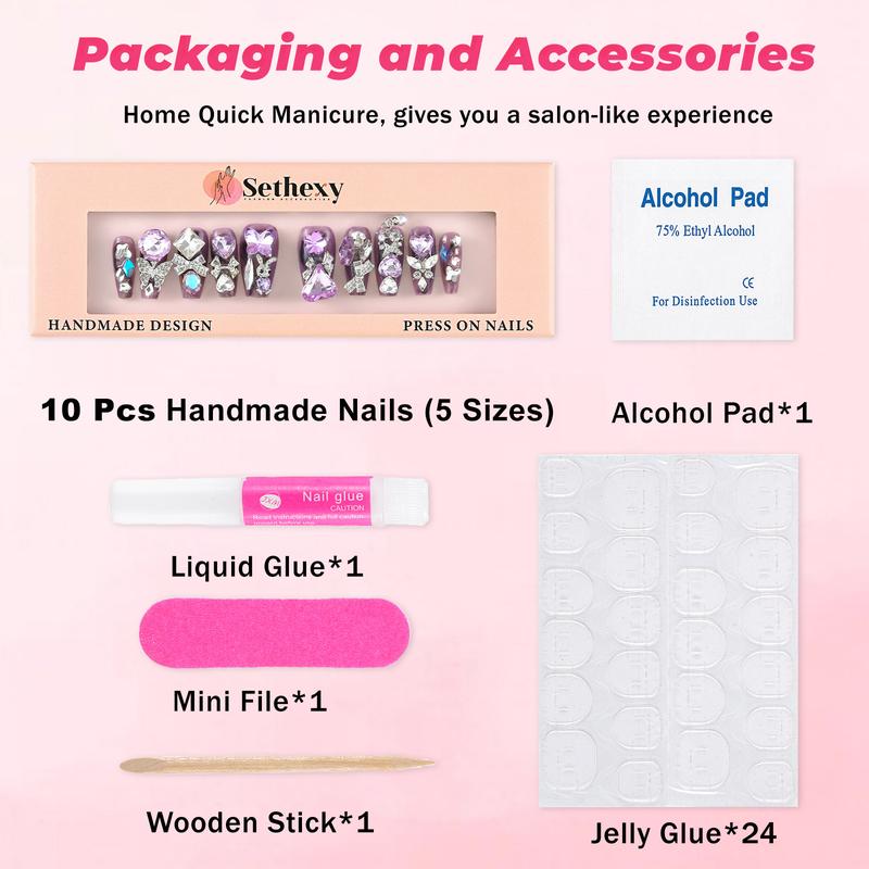 Sethexy Luxury Purple Rhinestone Handmade Fake Nail 3D Heart Crystals Long Coffin Press on Nails Butterfly Bow Bunny False Nail Salon Durable Quality Nails for Women and Girls 10Pcs easy press