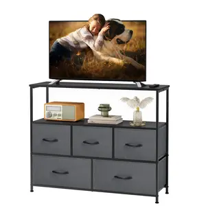 Dresser TV Stand, Entertainment Center with 5 Fabric Drawers, Media Console Table for TV with Open Storage Shelf Dresser