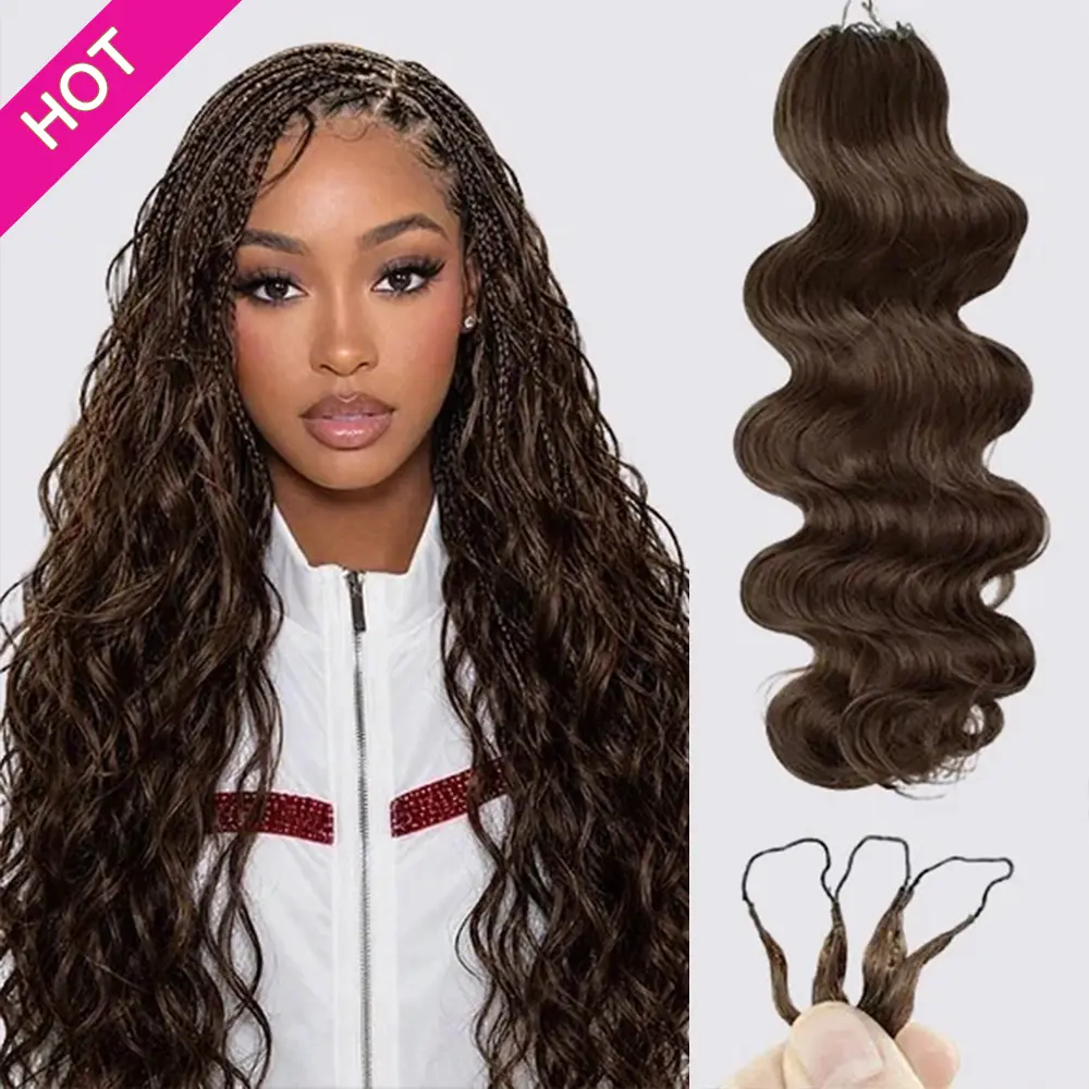 Asakiss Chocolate Brown #4 P4/27 Highlight Crochet Human Hair Extensions for Boho Braids, Body Wave & Burmese Curly Texture, Miracle Knot Pre-Separated Strands, Knotless Easy Install Protective Hairstyle 50g/Pack