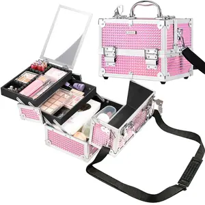 【Built-in Mirror】Yaheetech  Makeup & Nail Art Train Case Multi-functional Lockable Cosmetic Storage Organizer Box with 2 Trays, Compartment, Adjustable Dividers for Makeup Tools/Manicure Supplies/Jewelry