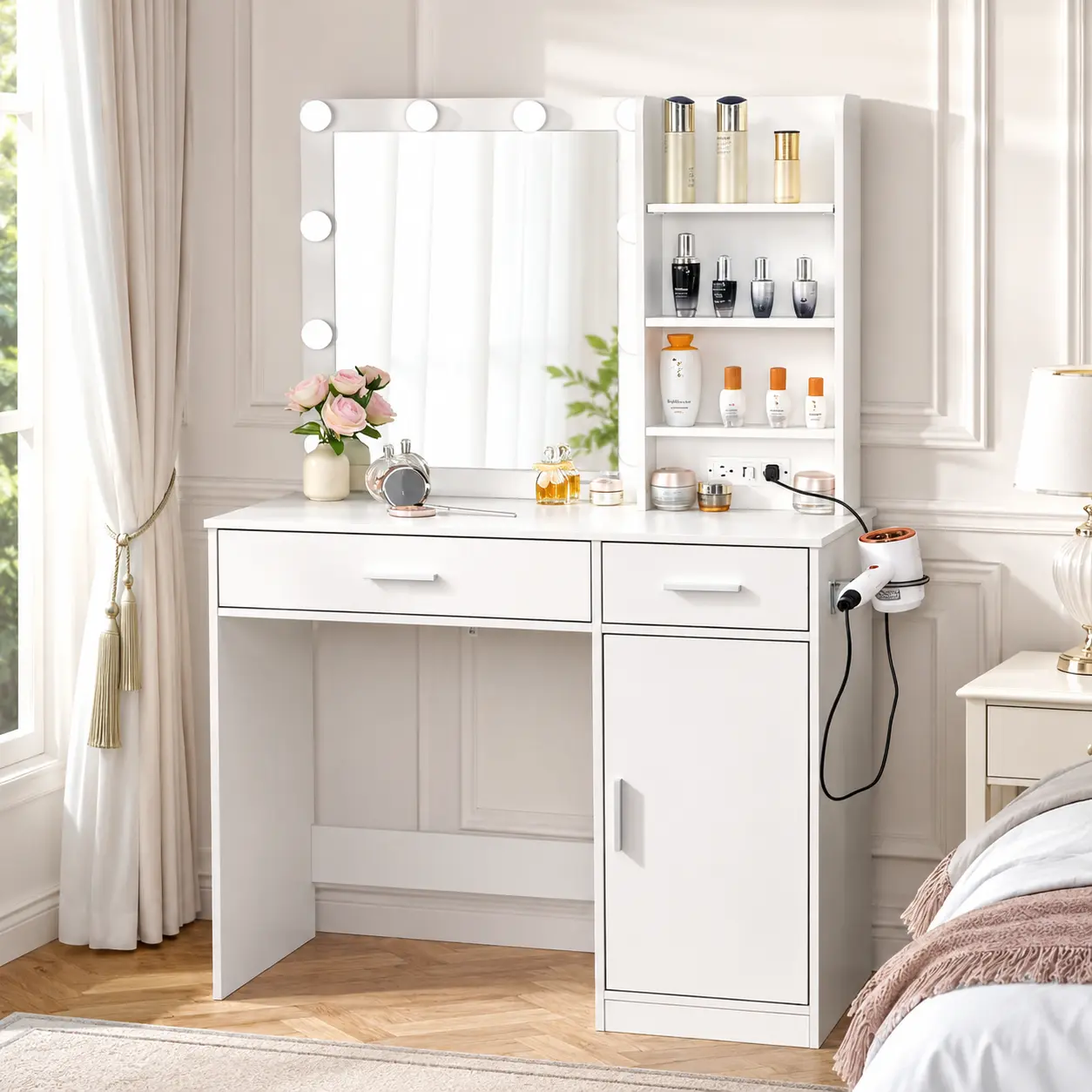 Vanity Mackup Desk with Mirror and Lights,3-Color Adjustable LED,Large Storage Multi-Function Compact Dressering Table with Storage and Power Outlet,Bedside Table for Girl's Bedroom,Bedroom Furniture Gift for Women