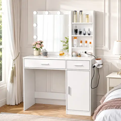 Large Engineered Wood Makeup Vanity Desk - 3-Color Adjustable LED Lighting, 10-Bulb Even Glow, Drawer, Shelf, Power Outlet, USB Port, Ample Storage, Compact Multi-Function Indoor Furniture for Cosmetics Organize & Convenience