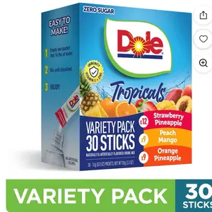 Dole Powder Drink Mix Variety Pack, Tropical, Peach Mango & Strawberry Pineapple, Sugar-Free, 30 Ct
