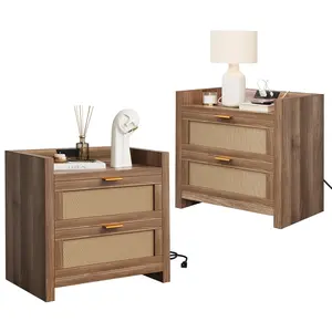 Night Stand Set of 2, Rattan Night Stand with Charger Station, 23.6" Wide Boho Bedside Table with 2 Drawers, Modern Larger Nightstand for Bedroom, Living Room Hallway