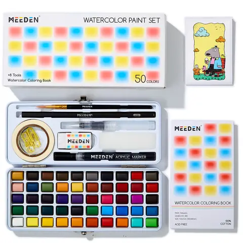 MEEDEN Portable Travel Watercolor Paint Set - 50 Colors Art Supplies for All Ages Beginners with Brushes, Concertina Coloring Book (10 Paper Sheets), 4B Pencil, Cute Office Stationery, Washi Tape, Pockets, Backpacks, Stockings - Ideal Valentine’s Day Gift