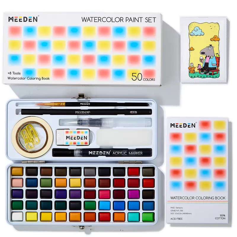 MEEDEN Portable Travel Watercolor Paint Set - 50 Colors Art Supplies for All Ages Beginners with Brushes, Concertina Coloring Book (10 Paper Sheets), 4B Pencil, Cute Office Stationery, Washi Tape, Pockets, Backpacks, Stockings - Ideal Valentine’s Day Gift