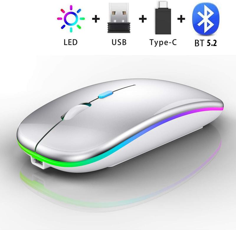 Wireless Bluetooth Mouse Rechargeable, Dual Mode 2.4GHz USB & Bluetooth 5.2, Ergonomic Silent Click Optical Mouse for Laptop PC, Silver