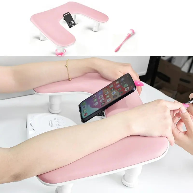 Portable Height Adjustable Nail Hand Rest Cushion with 1 Nail dust brush, U-Shape Manicure Arm Support Desk, Easy Install Soft Hand Stand for DIY & Professional Nail Salon