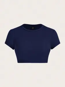 SHEIN ICON Navy Blue Casual Round Neck Short Sleeve Fitted Cropped Women T-Shirt, Suitable For Summer Suitable For Going Out