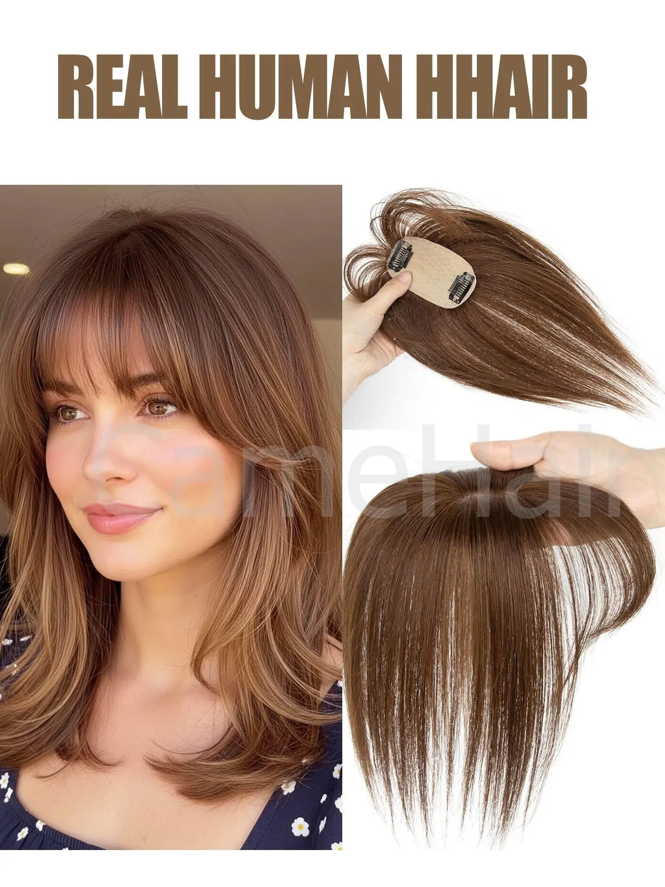 Hair Toppers for Women Real Human Hair, Human Hair Extensions, Extension Hairpiece, Realistic Hairpiece, Clip in Bangs Wig Natural Scalp Thinning or Loss Invisible Hair Topper With Thinning Hair Cover Gray Roots Add Volume Brown