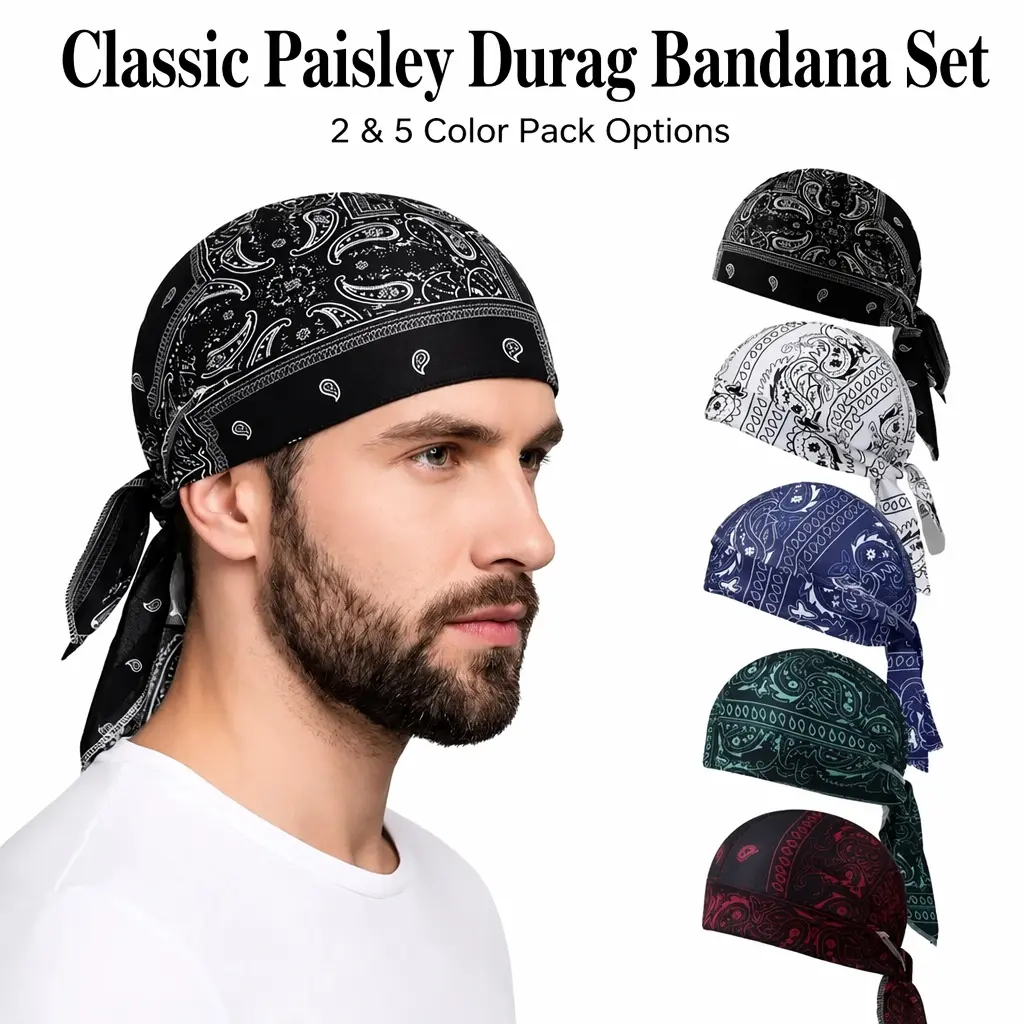 Unisex 2/5-Pack Paisley Bandana Durag Set, Adjustable Tie-Back Breathable Biker Head Wrap, Quick-Dry Helmet Liner, Father’s Day Gift for Camping Sports