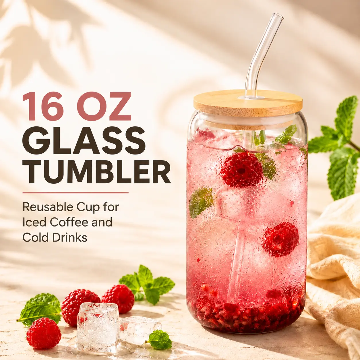 MIUVA Stylish Transparent Round 16 oz Glass Water Bottle - Reusable Can-Shaped Drinkware with Bamboo Lid, Glass Straw - For Iced Coffee, Smoothies, Daily Beverage Use, Classic, Daily Use