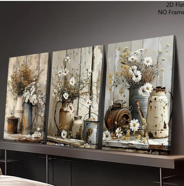 3-piece 2D flat retro canvas art set, featuring white jasmine and a rusty watering can, perfect for farmhouse-style home decor.