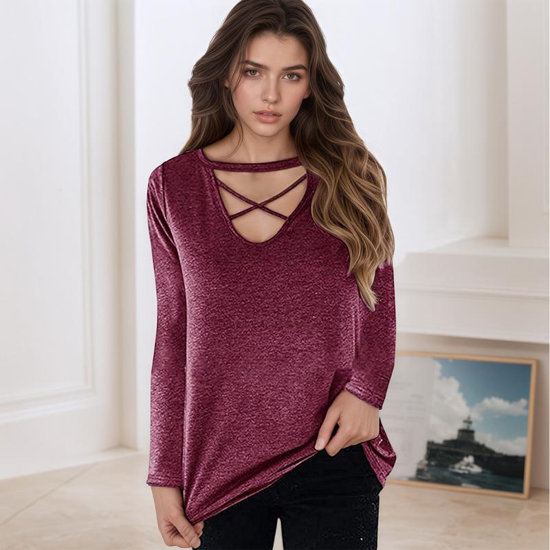 Women's Elegant Long Sleeve T-Shirts Loose Fit Criss Cross V Neck Blouse, Comfortable Plain Tunic Top for Fall and Winter Office Wear Women's Elegant Long Sleeve T-Shirts Loose Fit Criss Cross V Neck Blouse, Comfortable Plain Tunic Top for Fall and Winter Office Wear