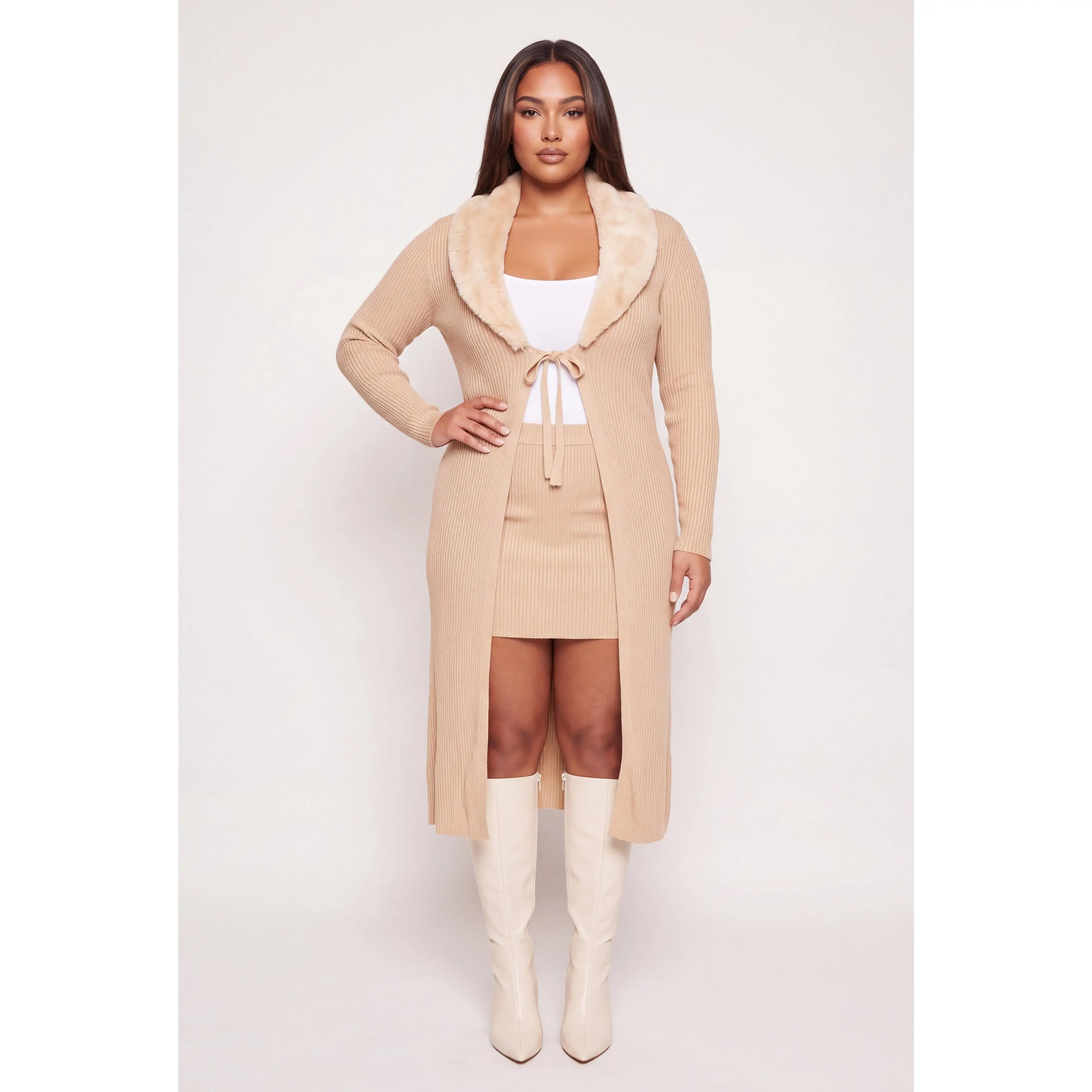 Plus Size Removable Faux Fur Trim Tie Front Duster Plus Size Removable Faux Fur Trim Tie Front Duster