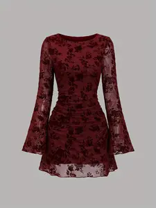 Elegant Vintage Mesh Flounce Long Sleeve Slim Fit Dress, Perfect for Dates Parties Travel, Women's Fashionable Clothing, Womenswear, Elegant Fitted Dresses