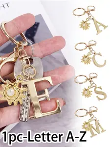 High-End Elegant Letter Pendant, Golden Sun Pearl Keychain, A-Z Alphabet Charm, Unisex Bag Accessory, Includes Key Ring