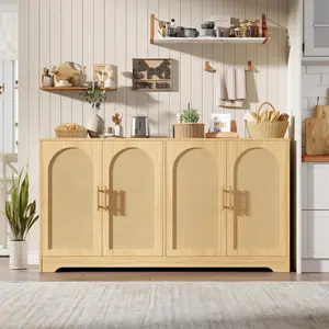 Garvee 59” Sideboard Buffet cabinet - Large Credenza Storage with 4 Rattan Doors, Modern Console Table Accent Coffee Bar Cabinet for Living Room, Kitchen, Hallway, Dining Room, Entryway, Natural