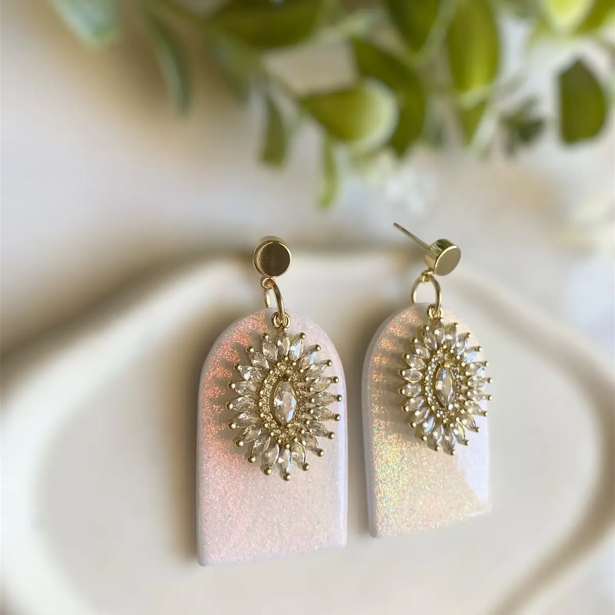 Handmade Polymer Clay White Glitter CZ Dangles for Women
