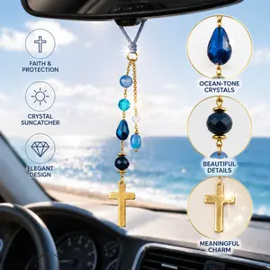 Cross Rearview Mirror Charm – Crystal Suncatcher Car Hanging Ornament with Ocean-Tone Light Reflection