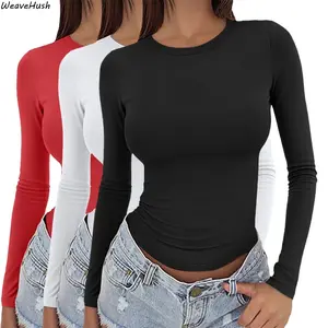 Women's 3-Pack Long Sleeve Slim Fit Base Layer Tops, Round Neck Basic Style, Simple Streetwear Layering Shirts, Soft Comfortable Casual Tops for Everyday Wear