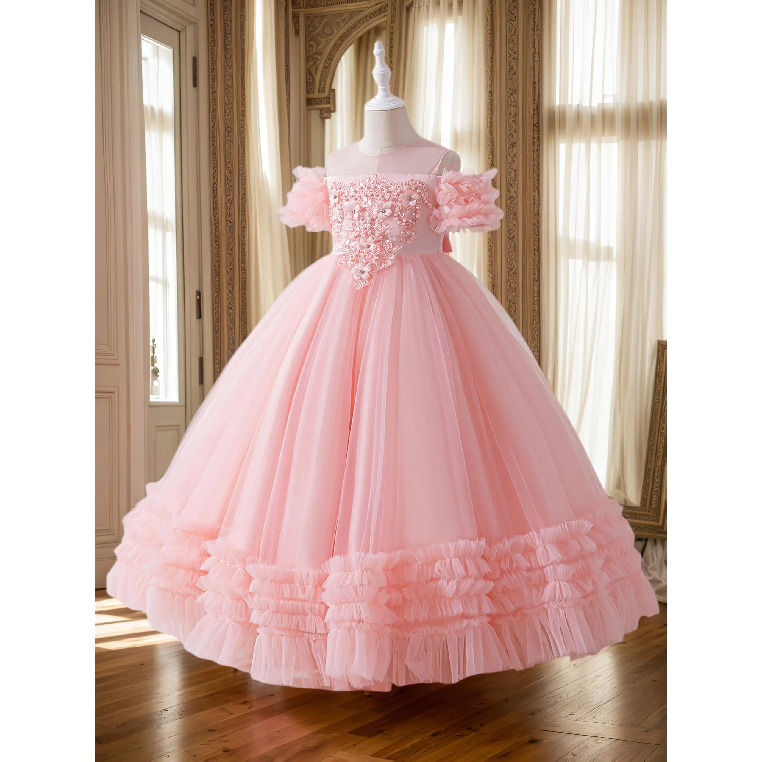 Girl's Off-Shoulder Short-Sleeve Polyester Long Mesh Dress with Beaded Details, Formal Elegant Party Wear for Teens, Polyester Clothes