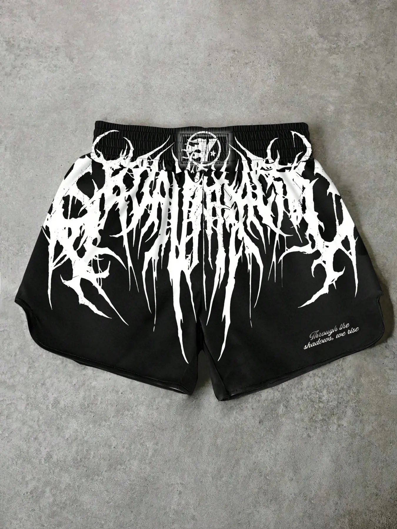 Men's Death Metal Muay Thai Shorts Black Gothic Print Elastic Waist Side Slits For Kickboxing MMA Training Gym Graphic Fitness Shorts