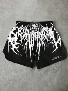 Men's Death Metal Muay Thai Athletic Sports Shorts Black Gothic Print Elastic Waist Side Slits For Kickboxing MMA Training Gym