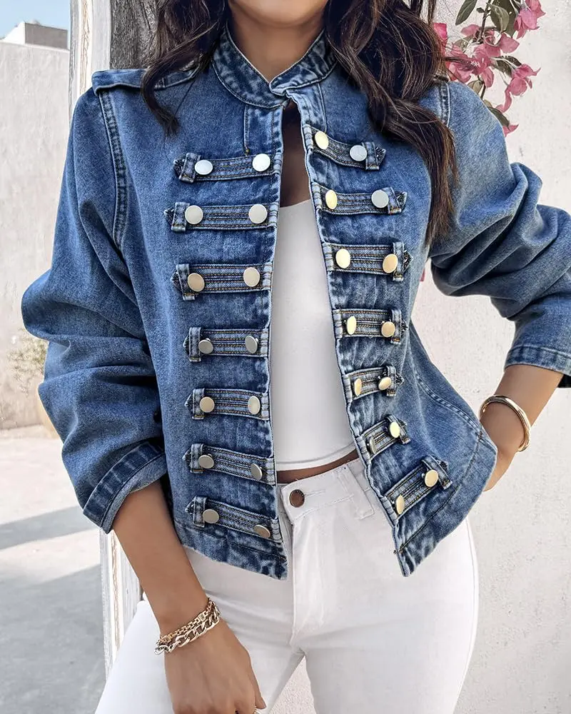 Women's Vintage Cropped Denim Jacket - Stand-Collar Double-Breasted Long Puff-Sleeve Vibe Top with Button Details, Premium Fabric Coats for Casual Spring Outfits