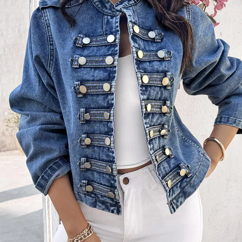 Women's 1990s Aesthetic Collared Cropped Jean Jacket - Double-Breasted Button Front, Puffed Sleeves, Woven Fabric, Elevated Casual Vibe, Halloween New Year Top (Do Not Dry Clean)