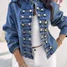 Women's Vintage Stand-Collar Short Denim Jacket with Double-Breasted Front Placket Puffed Sleeves Classic Blue Casual Coat for Spring Autumn Fabric Womenswear