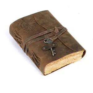 Compass Vintage Leather Journal Antique Handmade Bound Journal with Deckle Edge Paper Diary Leather Sketchbook Drawing Journal Notebook   Men & Women (6X8 Inch)
