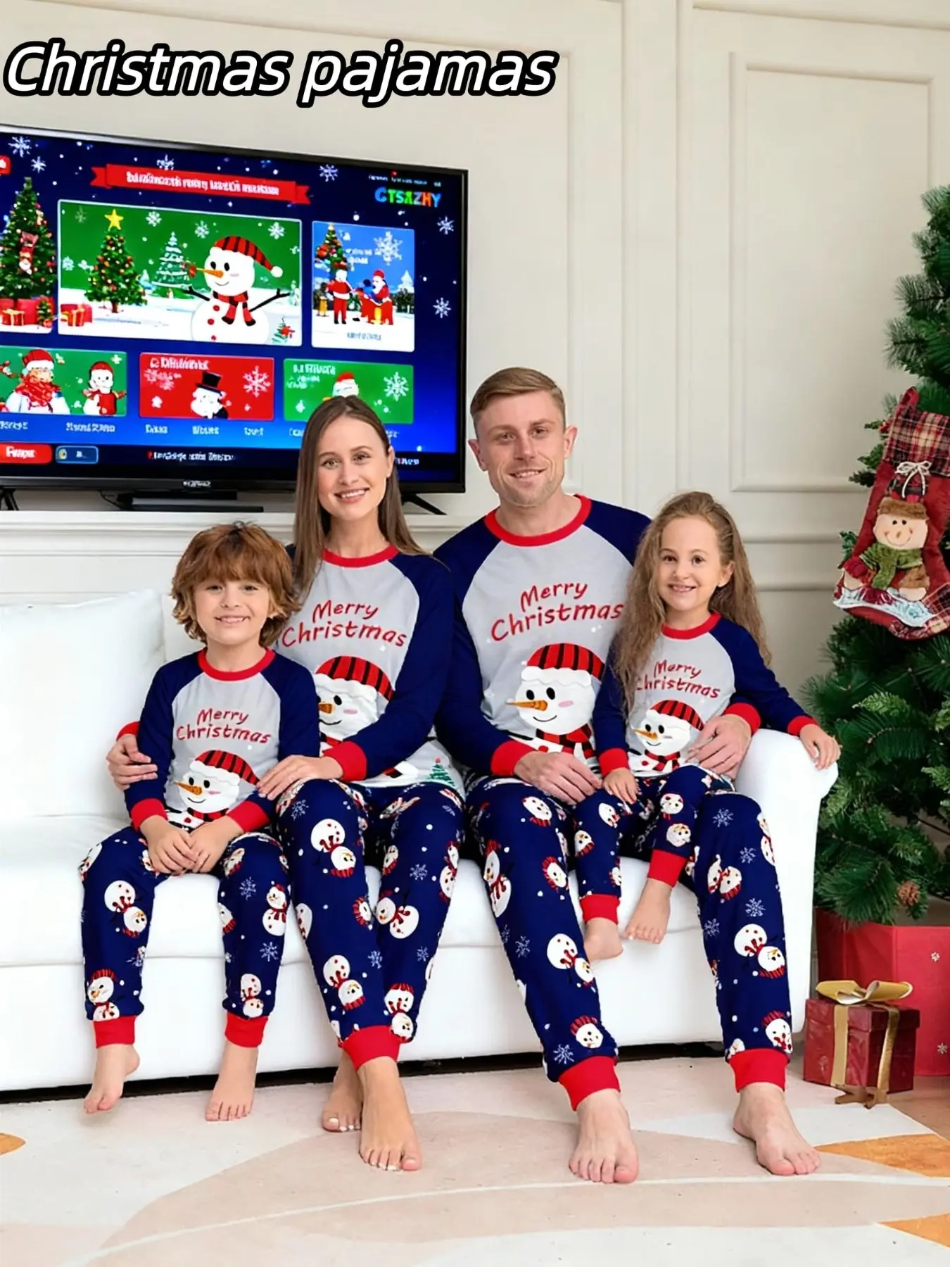 2-Piece Christmas Family Pajama Set, Blue Cartoon Snowman Print, Unisex Fitted Sleepwear, Casual All-Season Home