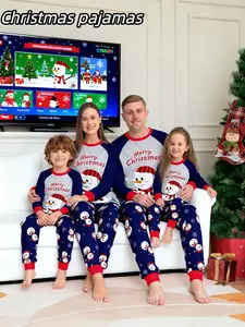 Special Offer Christmas Family Set, Four-Piece Two-Piece Set, Blue Cartoon Snowman Print Top, Irregular Print Pants, Men Women